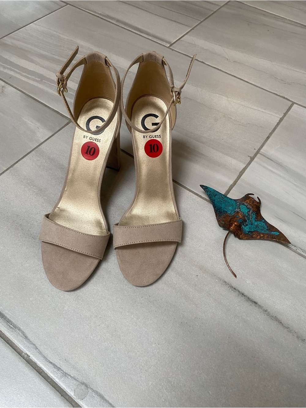 EUC G by Guess Taupe Suede Ankle-Strap Block Heel Sandals - Size 10